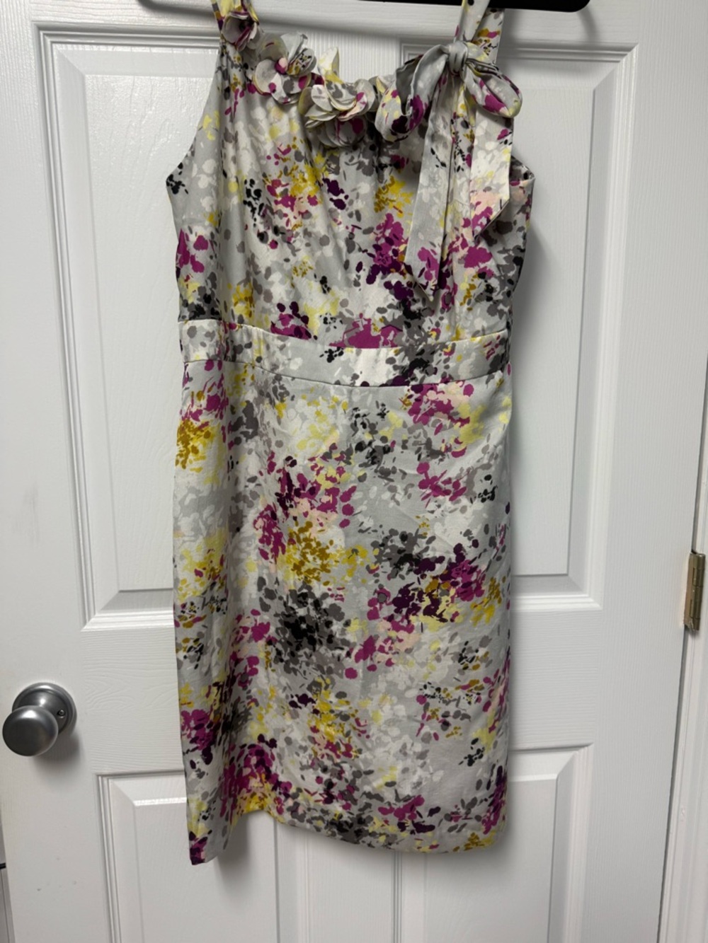 Loft Floral Tie-Shoulder Sheath Dress in Gray, Pink & Yellow size 12 P